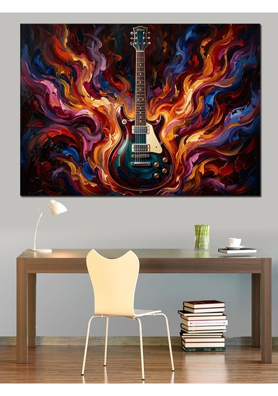 Alevler İçinde Elektro Gitar Sanatı Dekoratif Kanvas - Mdf Ahşap Tablo