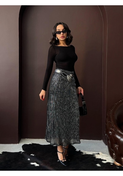 Verymoda Simli Pliseli Etek F2067 Siyah Gümüş