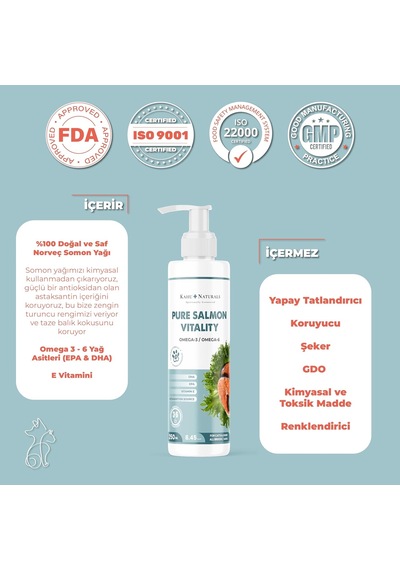 Pure Salmon Vitality%100 Doğal Norveç Somon Yağı, Omega 3 Ve 6, E Vitamini, Kedi Ve Köpek, 250 Ml