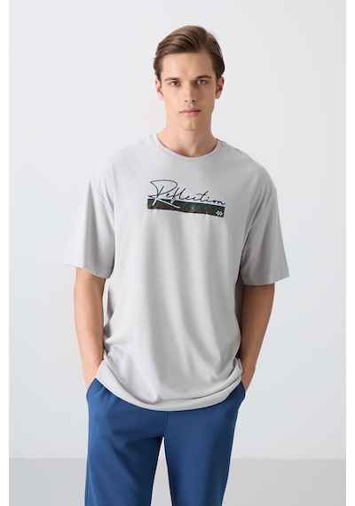 Tommy Life Taş Pamuklu Kalın Yumuşak Dokulu Oversize Fit Baskılı Erkek T-shirt - 88334 Taş