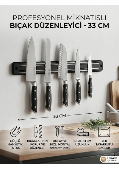 Mıknatıslı Bıçak Askısı Bıçak Tutucu Bıçak Askısı Duvara Monte 33cm Siyah