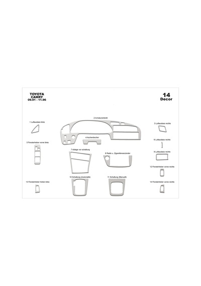 Toyota Camry Torpido Kaplama 1991-1997 14 Parça Alüminyum