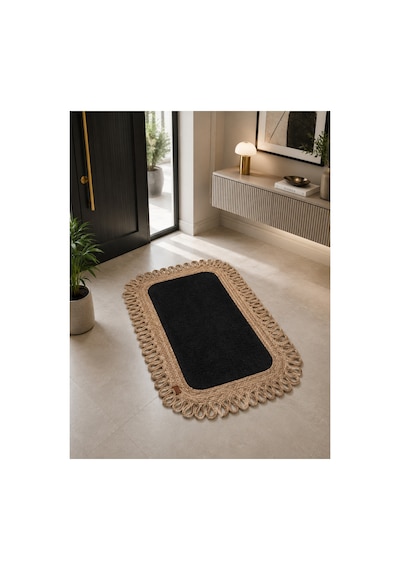 Dikdörtgen Örgü Desenli Pelüş Detaylı Hasır Kahverengi Dekoratif Paspas 60x100 / 50x60 Siyah Siyah