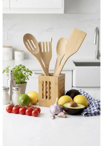 6 Parça Standlı Bambu Servis Seti Takımı - Servis Çatalı Kevgir Servis Kaşık Spatula Maşa Seti,kahverengi Diğer