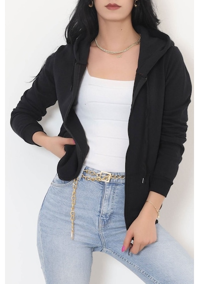 Bensu Store - Kapşonlu Fermuarlı Sweat Siyah - 11866.108. 001