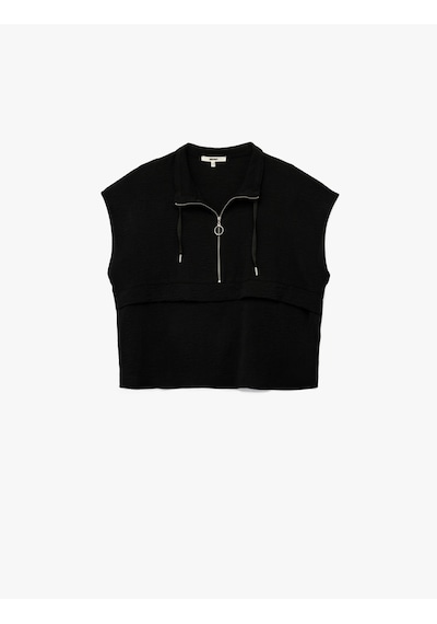 Koton Aerobin Kumaş Yarım Fermuarlı Kolsuz Sweatshirt Siyah 5sak60019pw Siyah
