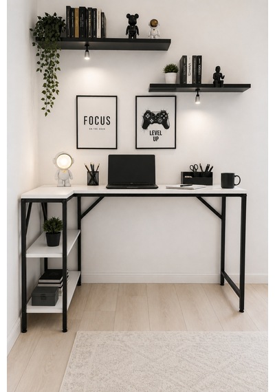 Beyaz/siyah L Masa, Kitaplıklı, Raflı, 120 Cm Çalışma Masası, Bilgisayar, Pc, Oyuncu, Gaming Masası Metal Ayaklı