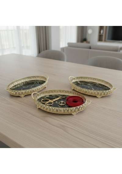 3 Adet Gold Renk Mermer Desen Metal Çerçeveli Cam Nişan-servis Tepsi Seti 28 19 Cm Rosegold