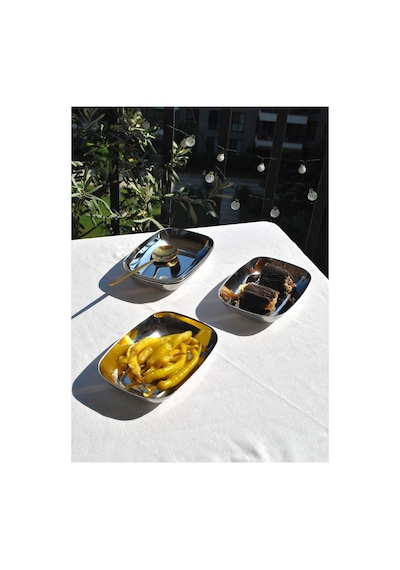 2'li Paslanmaz Çelik Köşeli Kayık Meze Kasesi 18 Cm Servis Sunum Kase Kahvaltılık Tabağı Gümüş