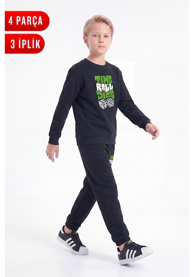 Fyk Kids 3 İplik Baskılı Erkek Çocuk Çift Cepli Bisiklet Yaka Eşofman Takımı Siyah