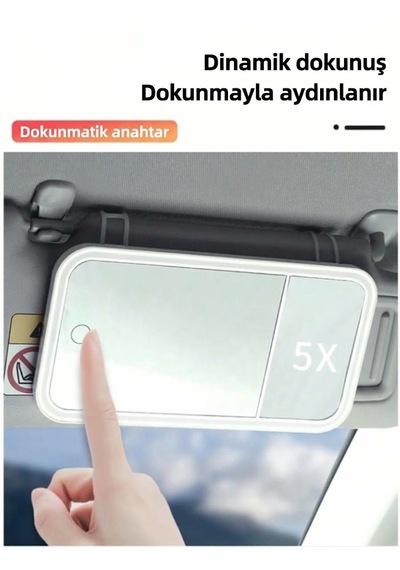 Monozone Led Işıklı Araç İçi Makyaj Aynası 3 Farklı Işık & 5x Büyütmeli Dokunmatik Güneşlik Aynası Beyaz