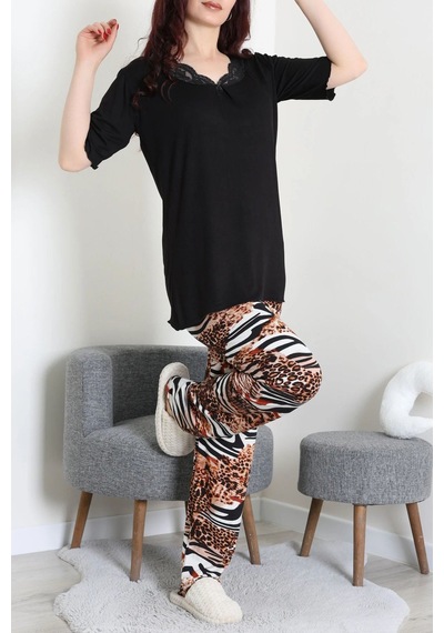 Modi Dantelli Pijama Takımı Siyah - 71502.1773. Açık Bej - Siyah