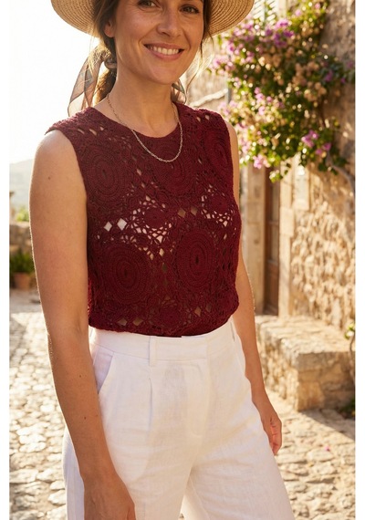 Sayzen Your Shine Kolsuz Dantel/tığ Dokuma Kadın Bluz Shn-2603 Bordo