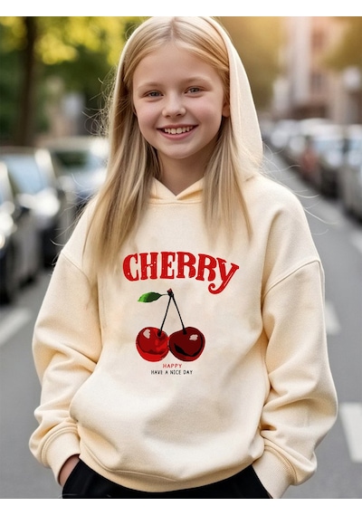 Uyguntarz Happy Cherry Baskılı Oversize Çocuk Sweatshirt Bej
