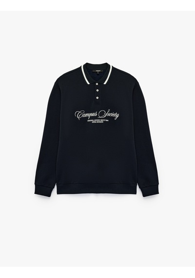 Koton Uzun Kollu Şardonlu Nakışlı Renk Kontrastlı Düğmeli Polo Yaka Sweatshirt Lacivert 7wam70266mk