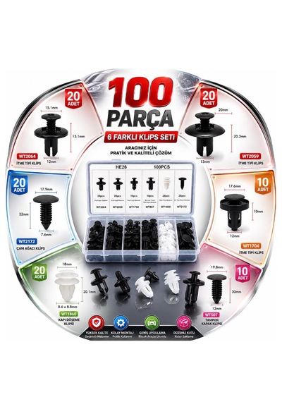 Klips Seti 100 Parça Araç Döşeme Kaporta Üniversal Klips Seti 100 Parça