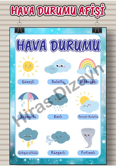 Hava Durumu Afişi Eğitici Çocuk Posteri Okul Öncesi İlkokul Sınıf Duvar Panosu Öğretmen Materyali 30x42cm A3 Kalın Kuşe Kağıt