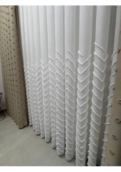 Nivemeshome Yakamoz 1-053p Yarı Desen Ekru 1/2,5 Pileli Tül Perde