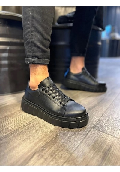 Ay Mood Jy144 Volt Bağcıklı Cilt Erkek Günlük Sneaker Yüksek Taban Ayakkabı Cst Siyah