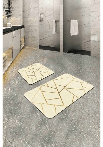 Krem Geometrik Desen Banyo Halısı Klozet Paspas Seti Bs337