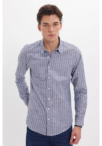 Tudors Erkek Slim Fit Dar Kesim Uzun Kollu %100 Pamuk Keten Doku Çizgili Gömlek-42644 Lacivert