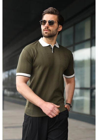 Madmext Haki Polo Yaka Triko Erkek Tişört E7470 Haki