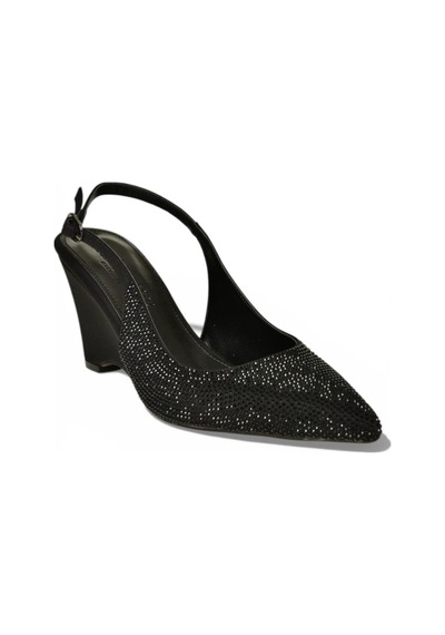 Fox Shoes Y820801204 Siyah Kumaş Taş Detaylı Dolgu Topuklu Kadın Abiye Ayakkabı Siyah
