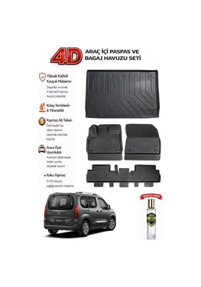 Toyota Proace City 2022 Model Araca Özel Kokusuz Paspas Takımı +demirli Bagaj Havuzu