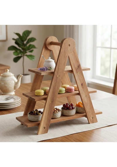 Deconox Doğal Akasya Ahşap 3 Katlı Sunum Standı - 37x12.3x37.5 Cm Çok Amaçlı Katlı Servis Tepsisi, Kurabiyelik V Diğer