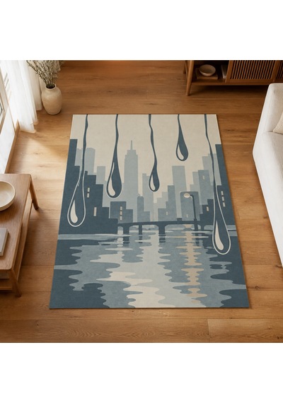 Kartela Halı Yağmur Şehir Silüetli Modern Halı Mavi Kaymaz Taban Makinede Yıkanabilir 100x150 Cm