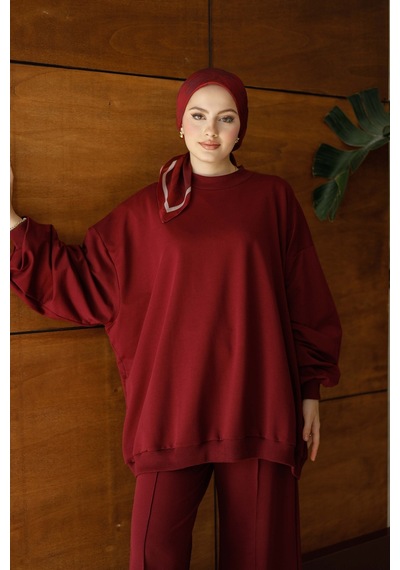 Moonsc Kadın Oversize 2 İplik Tesettür Takım Bordo