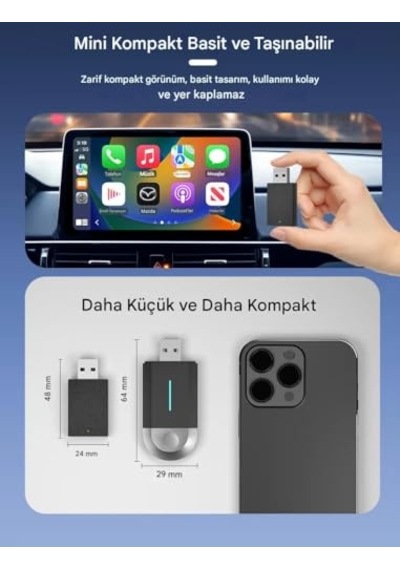 Kablosuz Carplay Ve Android Auto Adaptörü, 2'si 1 Arada, Usb Ve Type-c Bağlantı, Tak Çalıştır Mini Dongle 48mm Nano