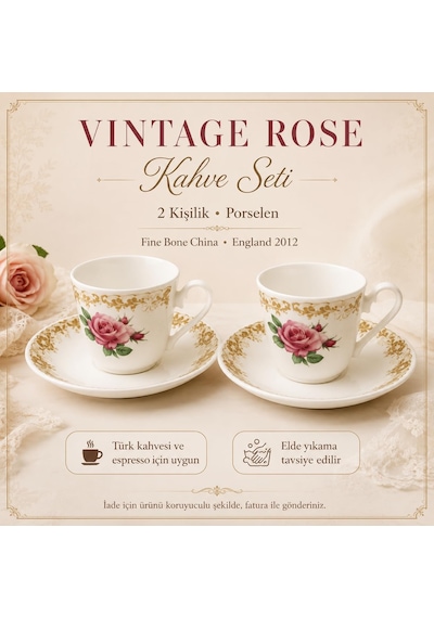 Tr Vintage Rose 2 Kişilik Fine Bone China Kahve Seti En2012roy Diğer