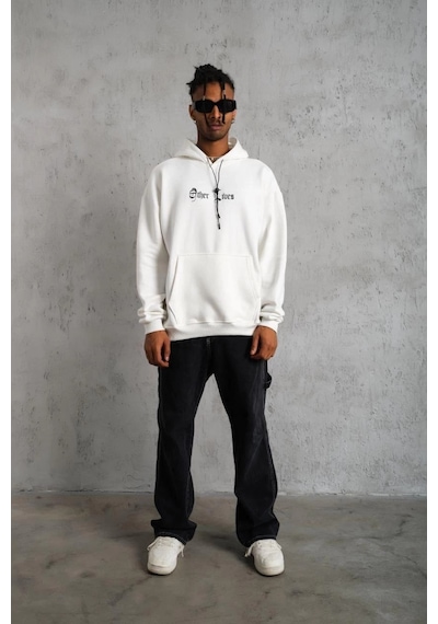 Oversize Kapüşonlu Sweatshirt Beyaz Other Lives Ön Ve Arka Baskılı Beyaz - Beyaz