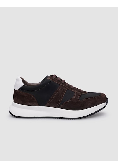 %100 Hakiki Deri Kahverengi Süet Bağcıklı Erkek Sneaker-kahverengi Kahverengi