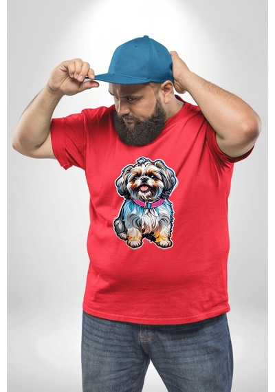 Angemiel Shih Tzu Renkli Köpek Kırmızı Büyük Beden Erkek Kadın Unisex Basic Ön Baskılı Tişört Kırmızı