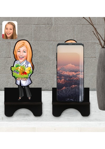 Kişiye Özel Kadın Diyetisyen Karikatürlü Ahşap Biblo Telefon Stan