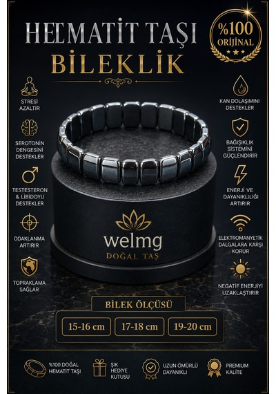 Hematit Bileklik - Doğal Hematit Taşı Bileklik - Sertifikalı Ürün Gri Gri