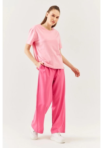 Kadın Oversize Rahat %100 Pamuklu Penye Bisiklet Yaka Kısa Kol Basic T-shirt Pembe