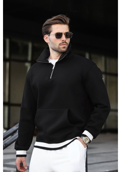 Madmext Siyah Fermuarlı Dik Yaka Kanguru Cep Erkek Sweatshirt E7159 Siyah
