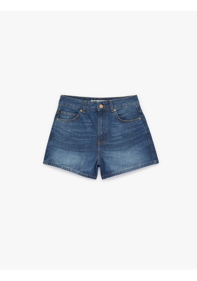 Koton Normal Bel Cepli Düğmeli Pamuklu Mini Denim Şort Orta İndigo 6sal40162md