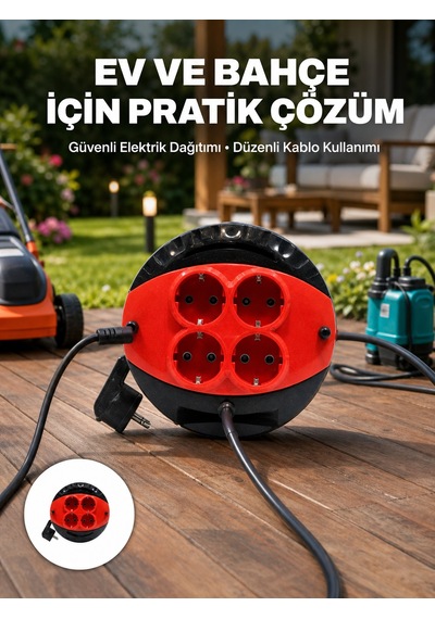 Türkiye Üretimi 5 Metre 4 Prizli Kablolu Makara - Lisinya 15 Metre