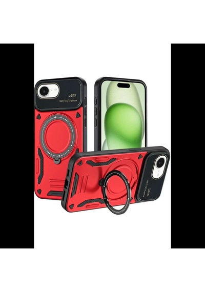 Apple Uyumlu   iPhone 16e Kılıf Joy Lens Standlı Kapak - Kırmızı