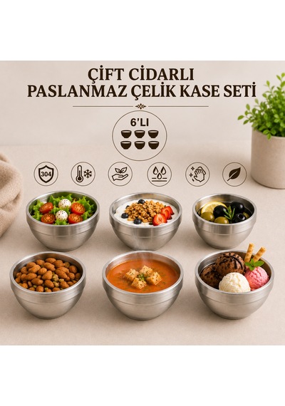 6 Adet Çift Cidarlı Paslanmaz Çelik Isı Yalıtımlı Şık Sunum Kasesi Gri