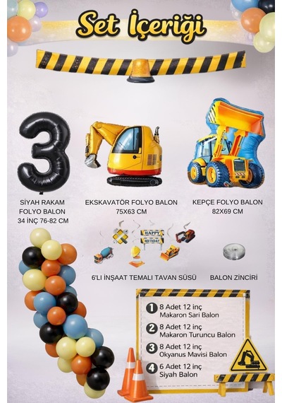 İnşaat Temalı 3 Yaş Doğum Günü Parti Seti Sarı - Turuncu