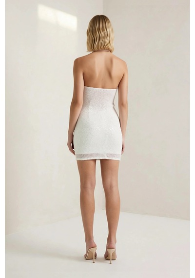 Benerly Kadın Kolsuz Degaje Yaka Payet Detaylı Mini Elbise Bodycon Kesim Beyaz