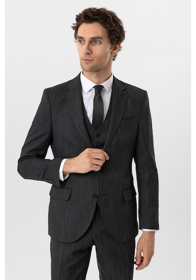 Süvari Siyah Slim Fit Desenli Mono Yaka 6 Drop Yelekli Klasik Takım Elbise-35634 Siyah