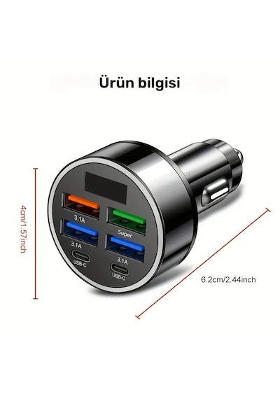 Araç Şarj Cihazı 6 Portlu 2pd + 4usb, Hızlı Şarj, Tip-c, Dijita