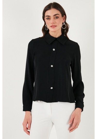 Lela Taşlı Regular Fit Gömlek Yaka Fermuarlı Bayan Bluz 611Bz0493 Siyah