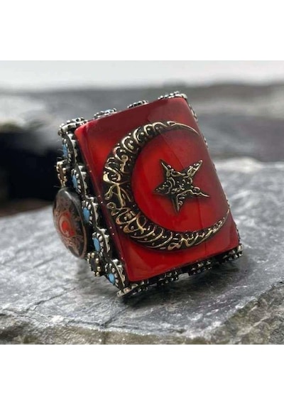 925 Ayar Gümüş Kırmızı Mineli Ayyıldız İşlemeli Kelime-i Tevhid Erkek Yüzük Gümüş